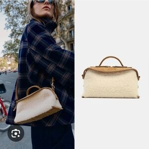 Zara Elongated Shearling Bag in beige with a faux shearling effect. NWT